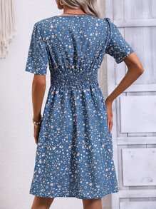 SHEIN VCAY All Over Floral Print Puff Sleeve Dress - Blue - View 2