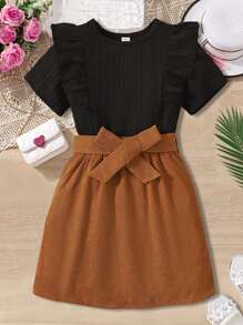 Girls Ruffle Trim Tee & Belted Skirt - Multicolor - View 1