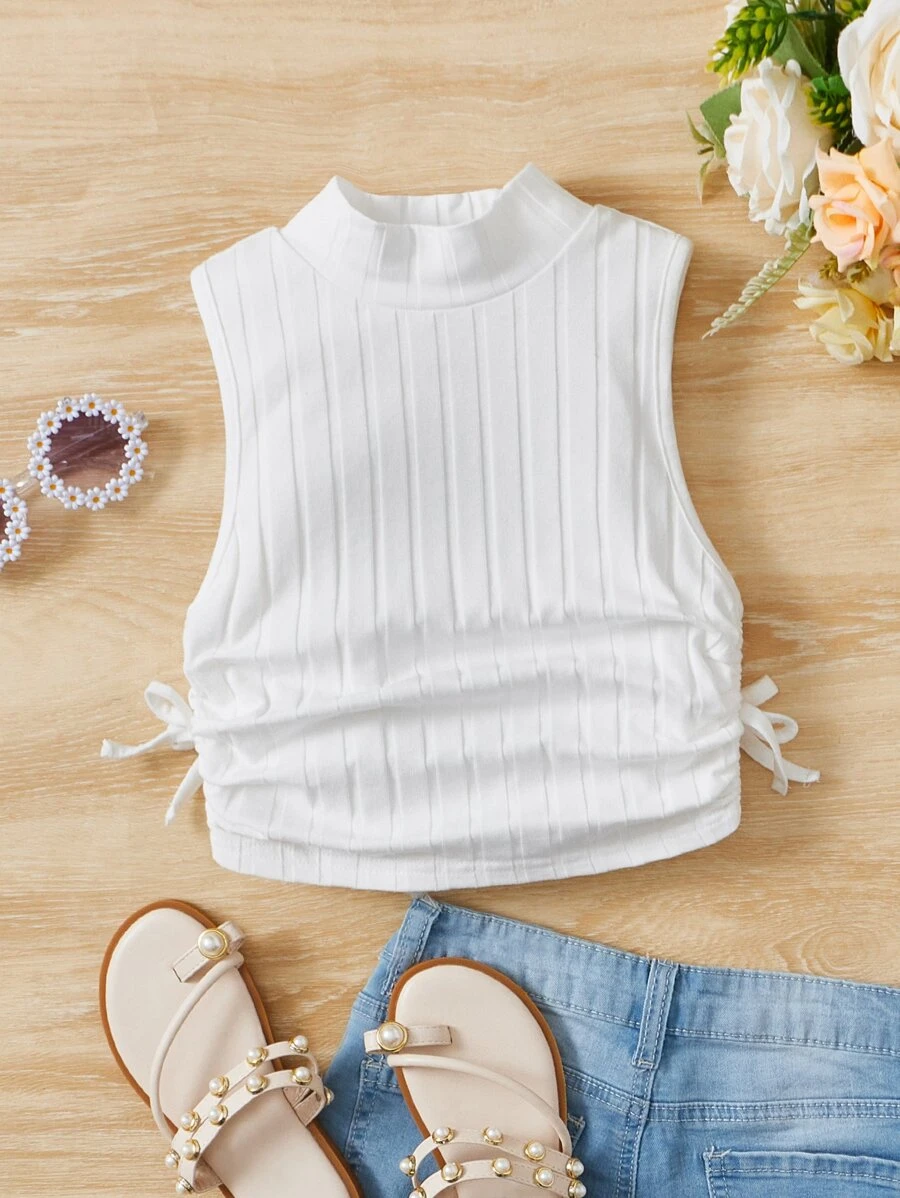 SHEIN Tank Tops & Camis Bé Gái Dây kéo Thắt nút Gân đan màu trơn Giải trí - trắng - Xem 1