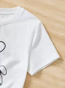 SHEIN Tween Girl Cartoon Graphic Bow Front Tee & Striped Shorts - Blue and White - View 4