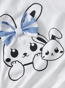 SHEIN Tween Girl Cartoon Graphic Bow Front Tee & Striped Shorts - Blue and White - View 5