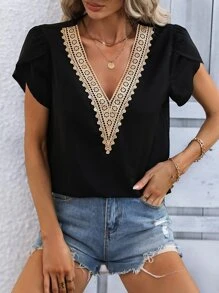 SHEIN VCAY Guipure Lace Panel Petal Sleeve Blouse - Black - View 1