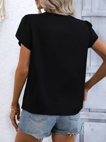 SHEIN VCAY Guipure Lace Panel Petal Sleeve Blouse - Black - View 2