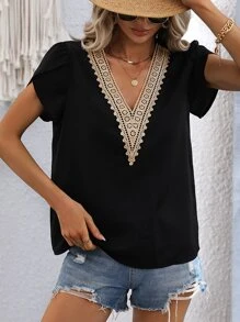 SHEIN VCAY Guipure Lace Panel Petal Sleeve Blouse - Black - View 4