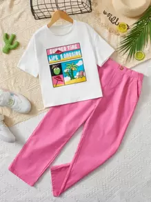 SHEIN 女孩字母和熱帶圖案T恤和褲子 - 彩色 - 查看 1