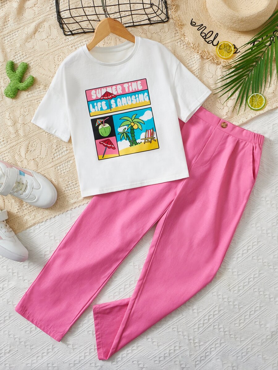 SHEIN 女孩字母和熱帶圖案T恤和褲子 - 彩色 - 查看 1