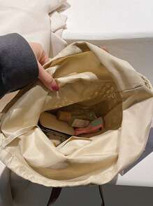 鏤空抽繩設計草編包 - 米色 - 查看 3