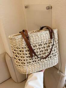 鏤空抽繩設計草編包 - 米色 - 查看 5