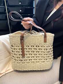 鏤空抽繩設計草編包 - 米色 - 查看 6