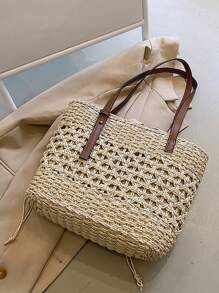 鏤空抽繩設計草編包 - 米色 - 查看 7