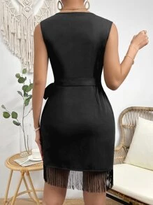 Allurite 流蘇邊側打結圍裹式連衣裙 - 黑色 - 查看 2