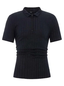 RueChic Men Ribbed Knit Quarter Zip Polo Shirt - Navy Blue - View 1