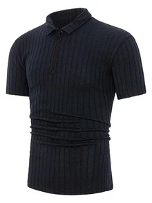 RueChic Men Ribbed Knit Quarter Zip Polo Shirt - Navy Blue - View 3