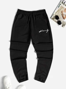 RueChic Men Letter Graphic Drawstring Waist Trousers - Black - View 1
