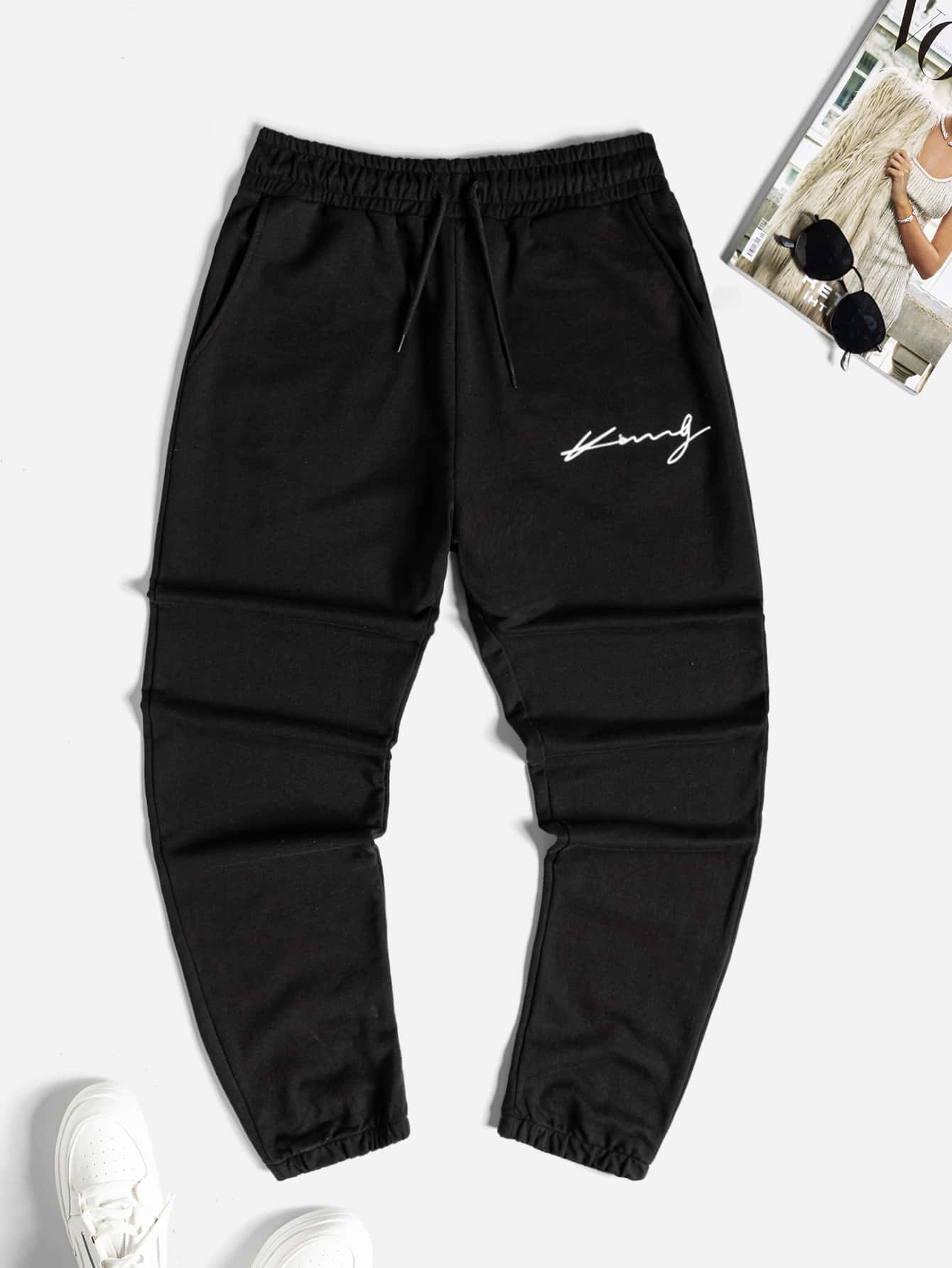 RueChic Men Letter Graphic Drawstring Waist Trousers - Black - View 1