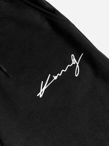 RueChic Men Letter Graphic Drawstring Waist Trousers - Black - View 3