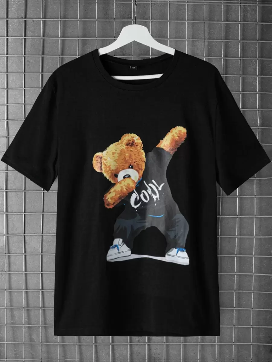 RueChic Camiseta casual de manga corta con cuello redondo y estampado de oso de dibujos animados para hombre - Negro - Ver 1