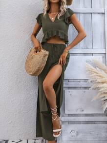 SHEIN VCAY 荷葉邊蝴蝶袖短款襯衫和高衩長褲 - 軍綠色 - 查看 3