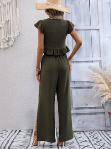 SHEIN VCAY 荷葉邊蝴蝶袖短款襯衫和高衩長褲 - 軍綠色 - 查看 2