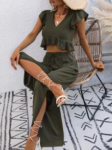 SHEIN VCAY 荷葉邊蝴蝶袖短款襯衫和高衩長褲 - 軍綠色 - 查看 4