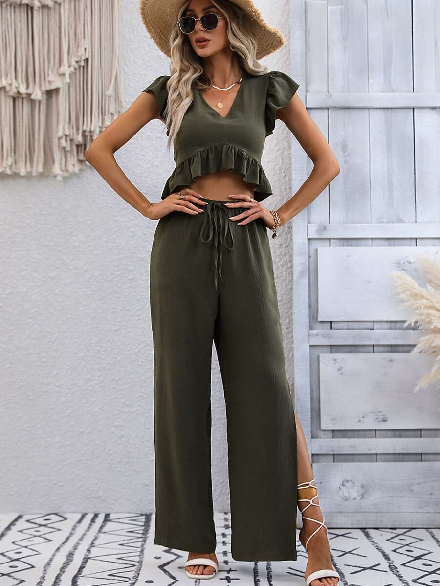 SHEIN VCAY 荷葉邊蝴蝶袖短款襯衫和高衩長褲 - 軍綠色 - 查看 1