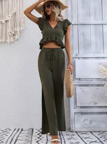 SHEIN VCAY 荷葉邊蝴蝶袖短款襯衫和高衩長褲 - 軍綠色 - 查看 5