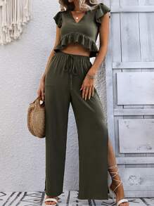 SHEIN VCAY 荷葉邊蝴蝶袖短款襯衫和高衩長褲 - 軍綠色 - 查看 6