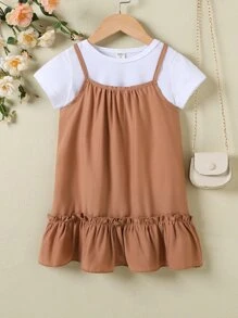 Niñas Camiseta unicolor & Vestido de tirantes bajo con fruncido - Multicolor - Ver 1