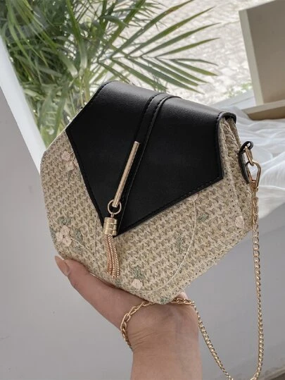 花卉刺繡流蘇裝飾翻蓋鏈條草編包