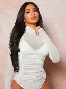 SHEIN SXY Ruched Sheer Mock Neck Mesh Bodysuit - White - View 1