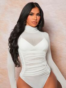 SHEIN SXY Ruched Sheer Mock Neck Mesh Bodysuit - White - View 3