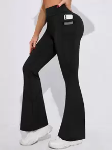 Yoga Basic 寬腰帶手機口袋喇叭運動褲 - 黑色 - 查看 1