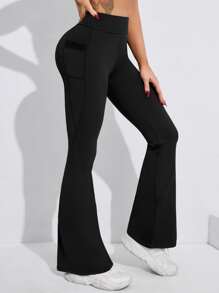 Yoga Basic 寬腰帶手機口袋喇叭運動褲 - 黑色 - 查看 3