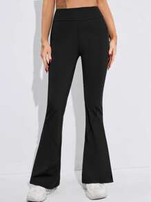 Yoga Basic 寬腰帶手機口袋喇叭運動褲 - 黑色 - 查看 4