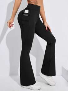 Yoga Basic 寬腰帶手機口袋喇叭運動褲 - 黑色 - 查看 5