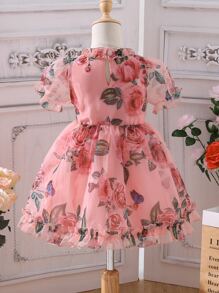 小女童印花泡泡袖荷葉邊歐根紗洋裝