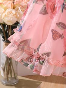 小女童印花泡泡袖荷葉邊歐根紗洋裝