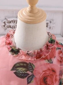 小女童印花泡泡袖荷葉邊歐根紗洋裝