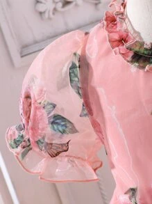 小女童印花泡泡袖荷葉邊歐根紗洋裝