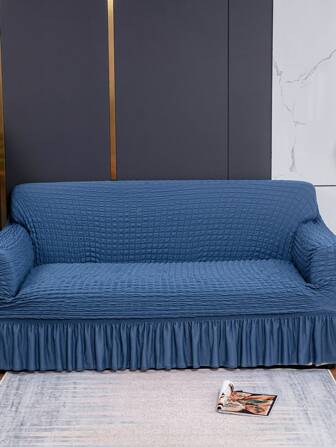 1pc Solid Color Ruffle Trim Sofa Slipcover