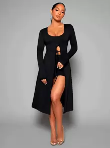 SHEIN SXY Solid Button Front Belted Coat - Black - View 3