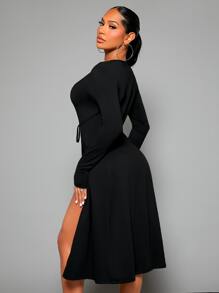 SHEIN SXY Solid Button Front Belted Coat - Black - View 2