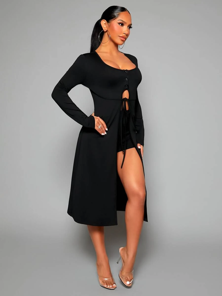 SHEIN SXY Solid Button Front Belted Coat - Black - View 1