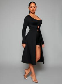 SHEIN SXY Solid Button Front Belted Coat - Black - View 5