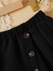 SHEIN Girls Button Front Pleated Detail Skirt - Black - View 3