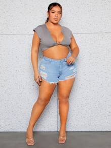 SHEIN SXY Plus Ripped Raw Hem Denim Shorts - Light Wash - View 3