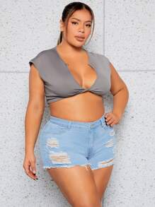 SHEIN SXY Plus Ripped Raw Hem Denim Shorts - Light Wash - View 6