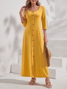EMERY ROSE Button Front Scoop Neck Dress - Mustard Yellow - View 4