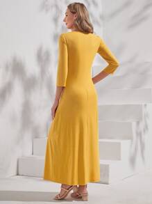 EMERY ROSE Button Front Scoop Neck Dress - Mustard Yellow - View 3