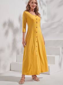EMERY ROSE Button Front Scoop Neck Dress - Mustard Yellow - View 1